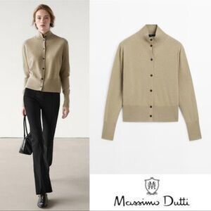 Massimo Dutti Taupe light green olive Button-Up Sweater 100% wool classic